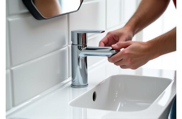 New faucet being installed on a modern bathroom sink