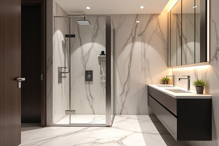 Luxurious modern bathroom with walk-in shower and elegant tiling