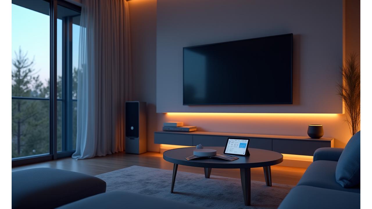 Modern living room with smart home devices illuminated, showing integrated technology