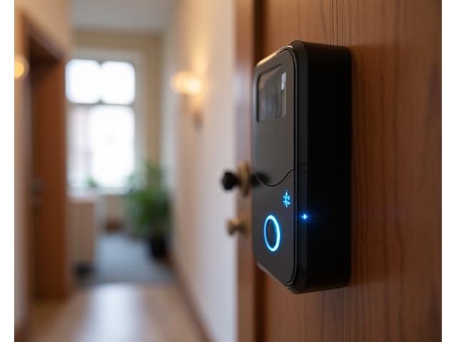Smart doorbell camera with a clear view of an apartment entrance, indicating security